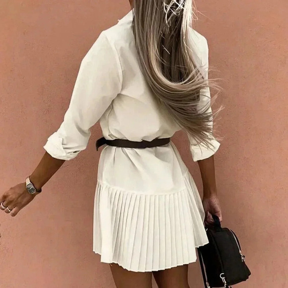 Apricot Casual Women's Half-Placket Long Sleeve Pleated Short Dress - Picture 2 of 5